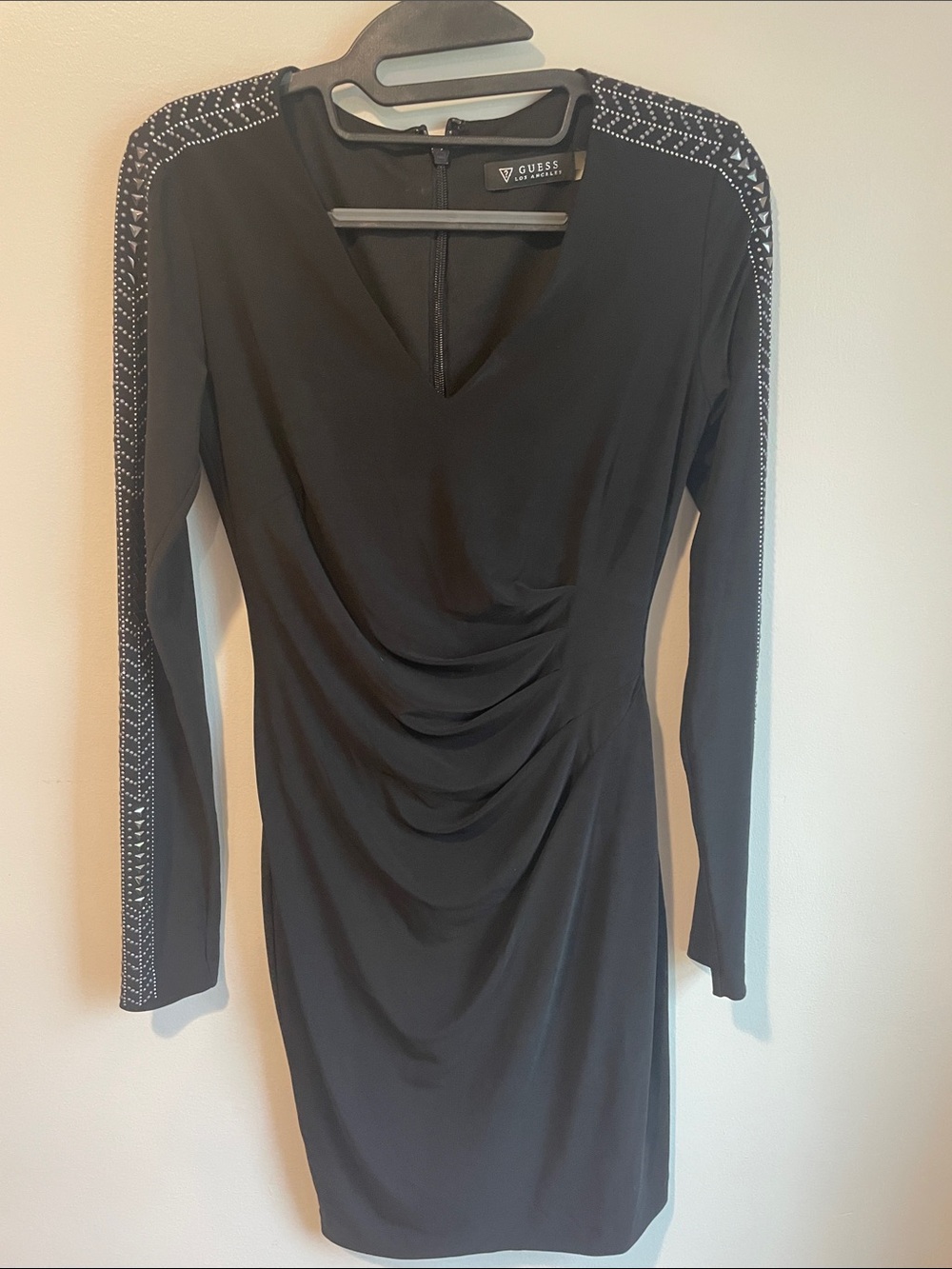 GUESS Black Long-Sleeve Ruched Sheath Dress with Rhinestone-Trim Shoulders